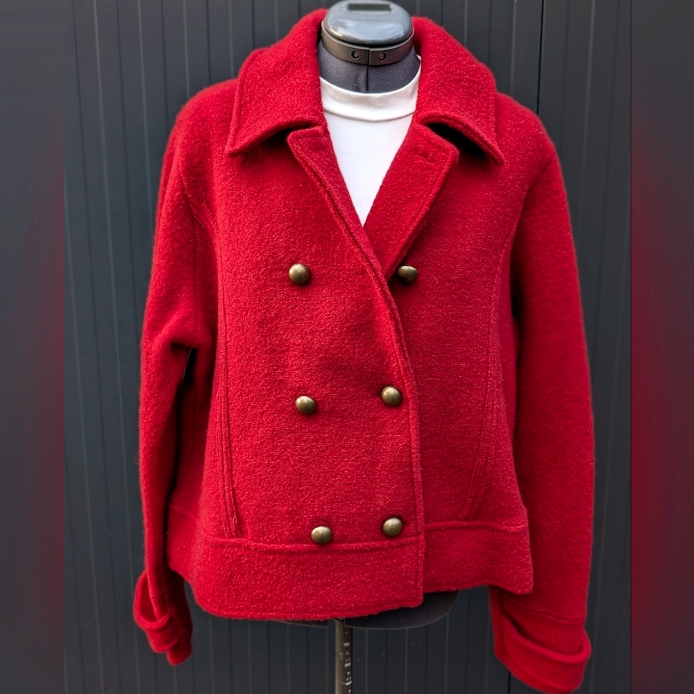 Anthropologie XL Eagle's eye wool double breast military peacoat In Bright Red